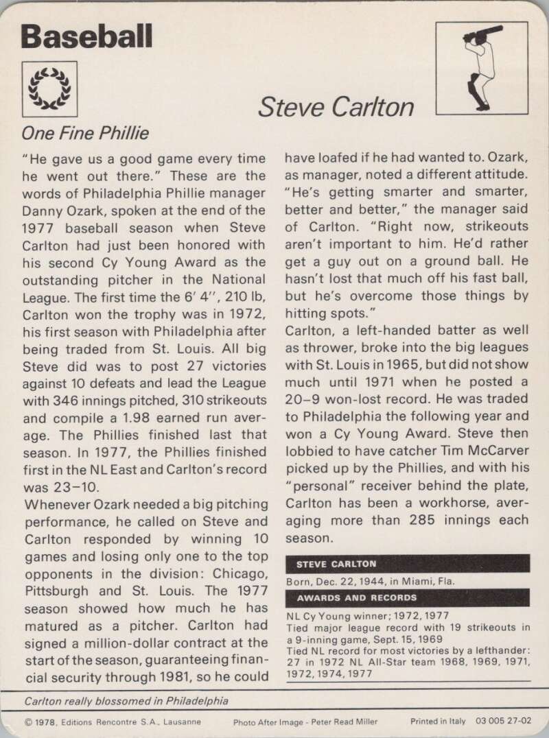 1978 Sportscaster #2702 Steve Carlton Baseball Photo Card  Image 2