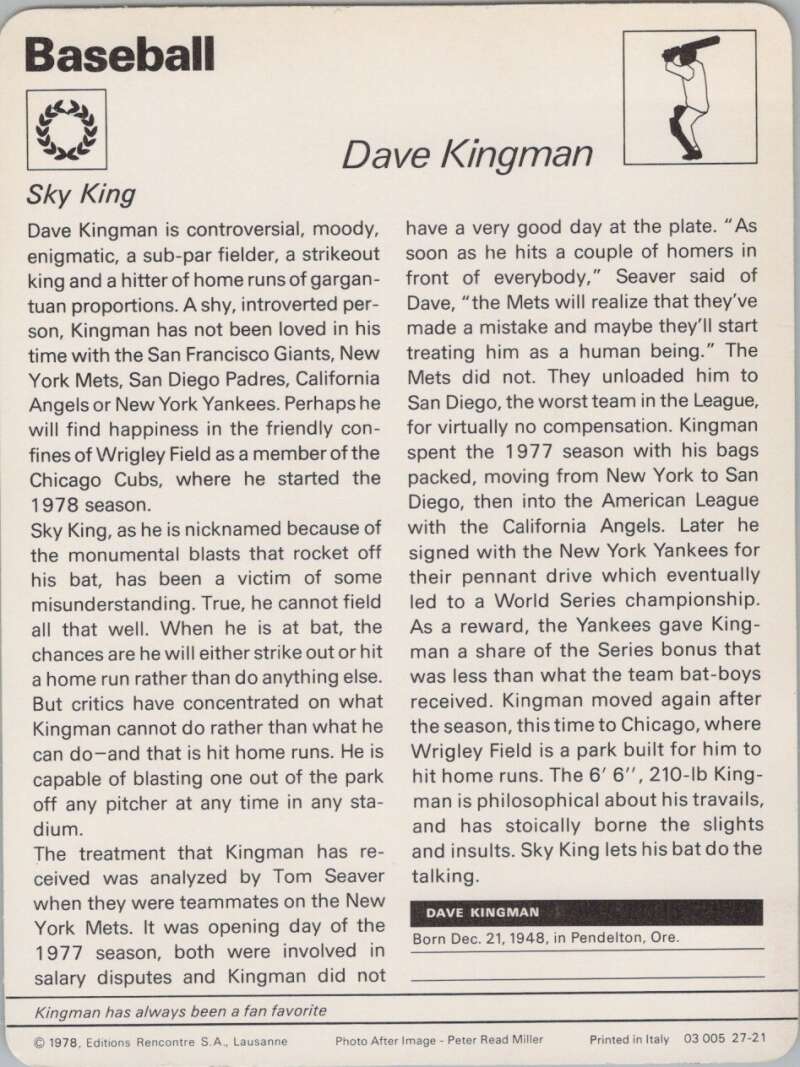 1978 Sportscaster #2721 Dave Kingman Baseball Photo Card  Image 2