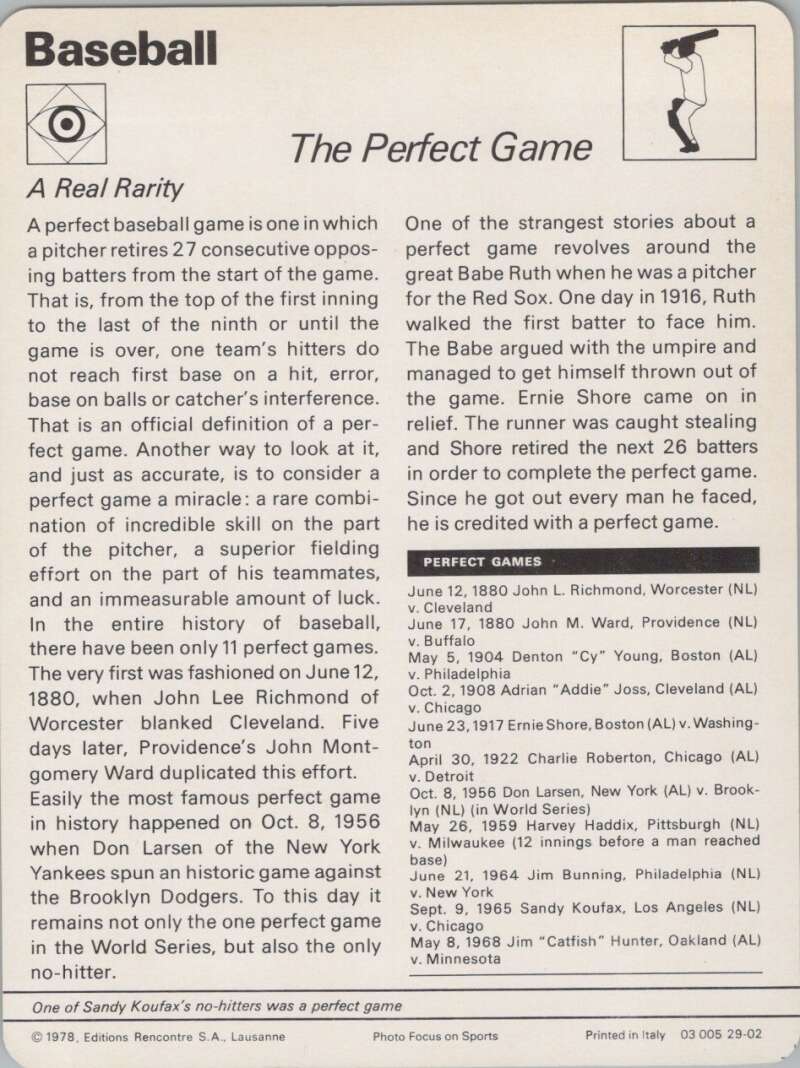 1978 Sportscaster #2902 The Perfect Game Baseball Photo Card  Image 2