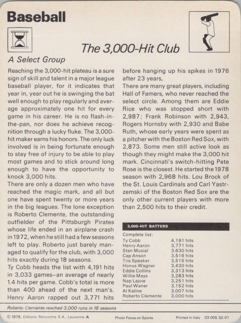 1978 Sportscaster #3201 The 3000 Hit Club Baseball Photo Card  Image 2