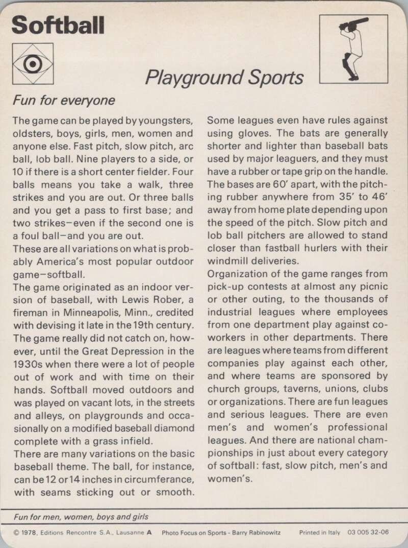 1978 Sportscaster #3206 Playground Sports Baseball Photo Card  Image 2