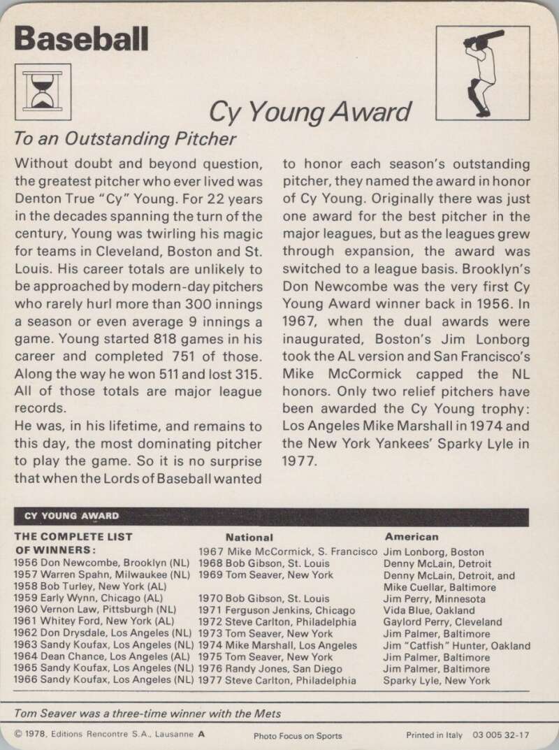1978 Sportscaster #3217 Cy Young Award Baseball Photo Card  Image 2