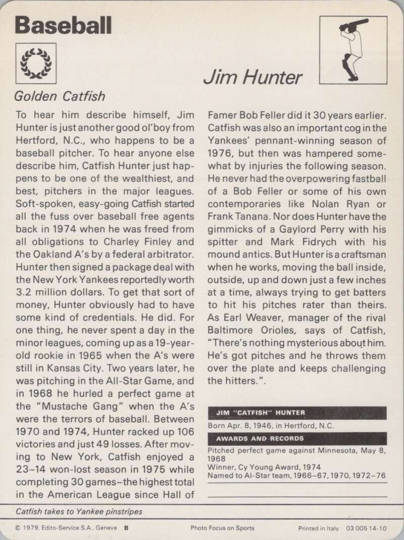 1979 Sportscaster #1410 Jim Hunter Baseball Photo Card  Image 2