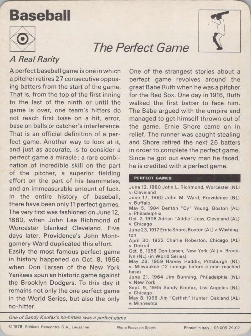 1978 Sportscaster #2902 The Perfect Game Baseball Photo Card  Image 2