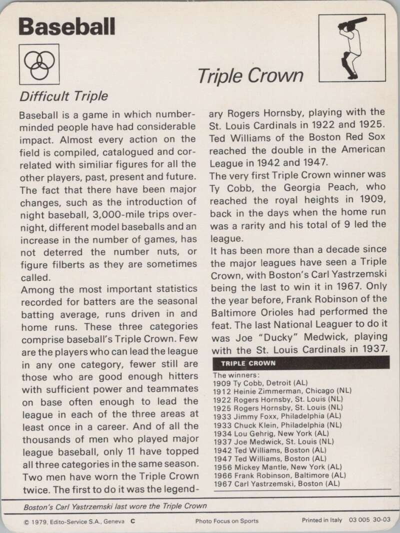 1979 Sportscaster #3003 Triple Crown Baseball Photo Card  Image 2