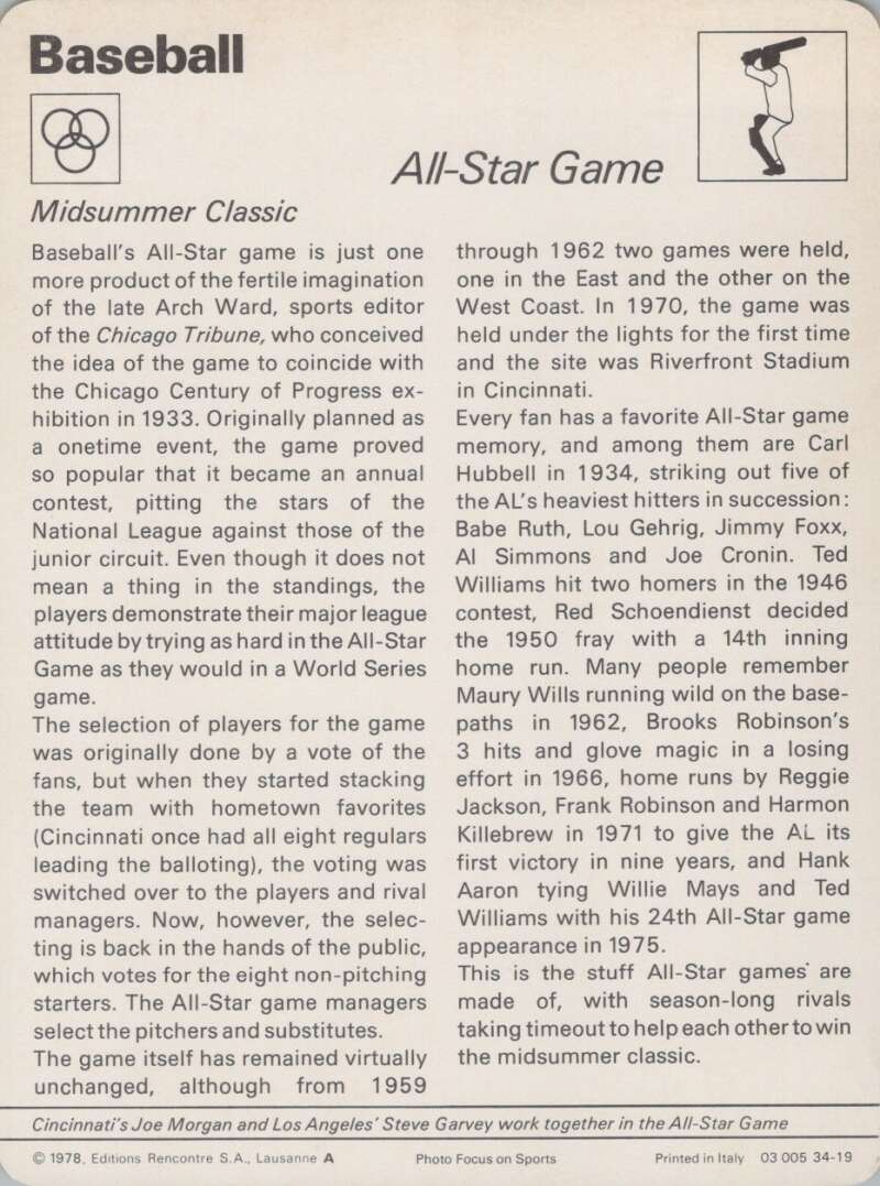 1978 Sportscaster #3419 All-Star Game Baseball Photo Card  Image 2
