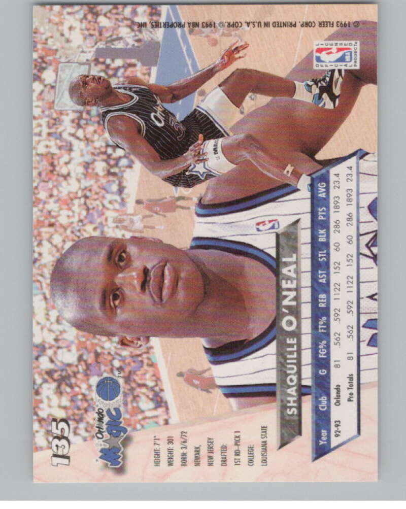 1993-94 Fleer Ultra #135 Shaquille O'Neal  Orlando Magic  V101185 Image 2