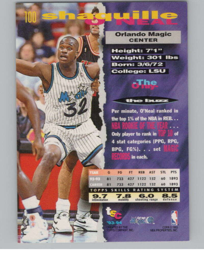 1993-94 Topps Stadium Club #100 Shaquille O'Neal  Orlando Magic  V101187 Image 2