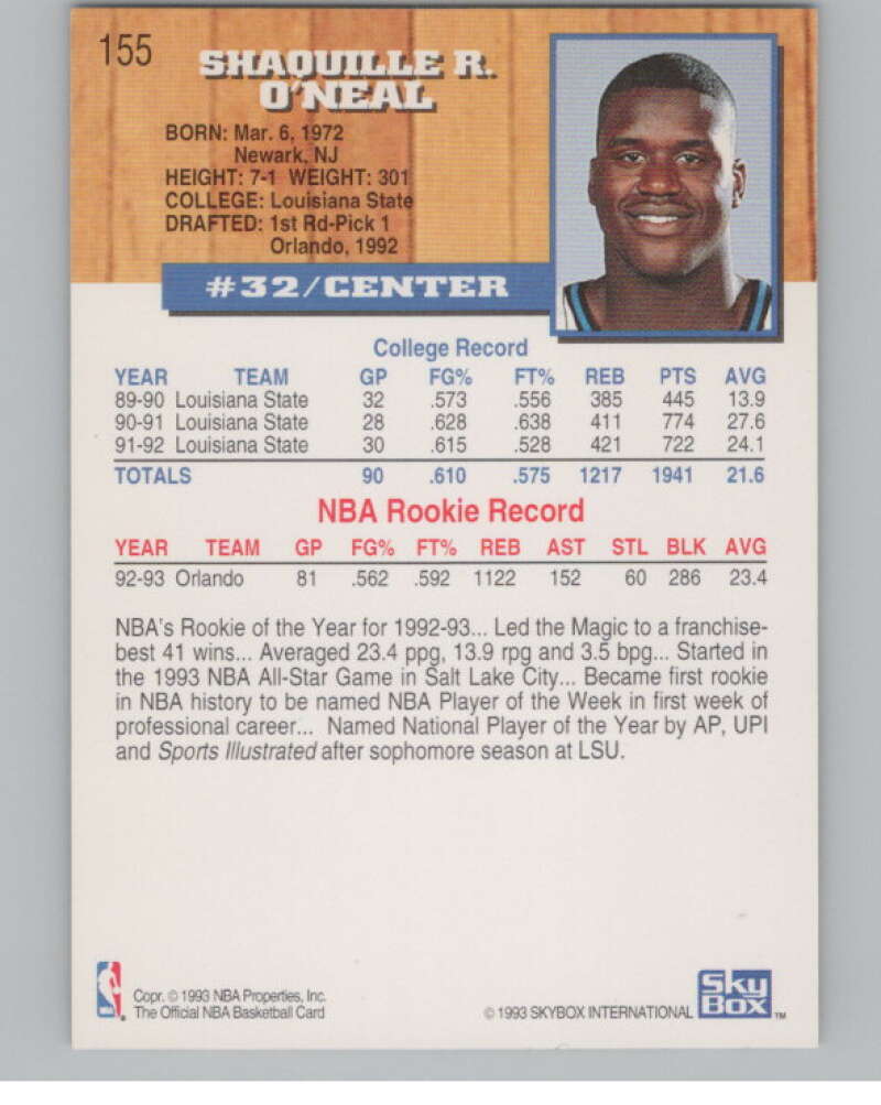 1993-94 Hoops #155 Shaquille O'Neal  Orlando Magic  V101188 Image 2