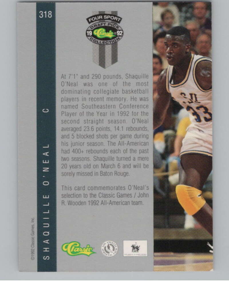 1992 Classic Four Sport #318 Shaquille O'Neal   V101189 Image 2