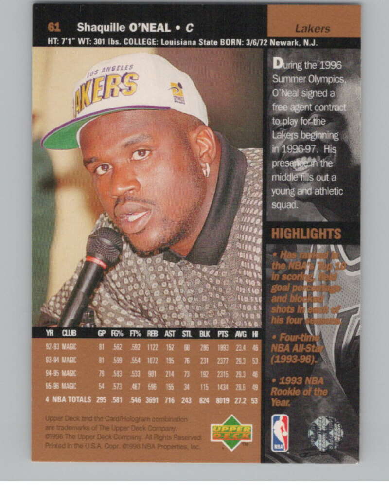 1996-97 Upper Deck #61 Shaquille O'Neal  Los Angeles Lakers  V101191 Image 2