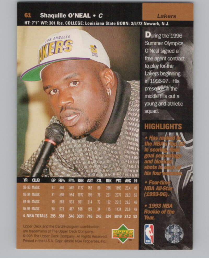 1996-97 Upper Deck #61 Shaquille O'Neal  Los Angeles Lakers  V101192 Image 2