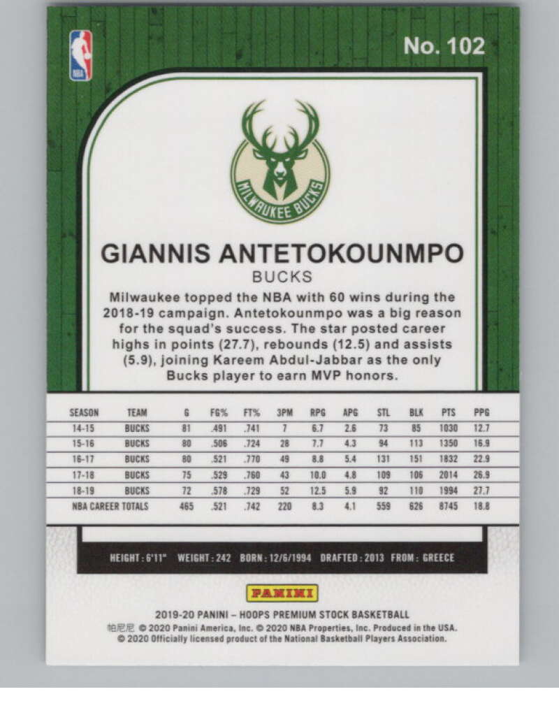2019-20 Panini Hoops Premium Stock Retail #102 Giannis Antetokounmpo  V101207 Image 2
