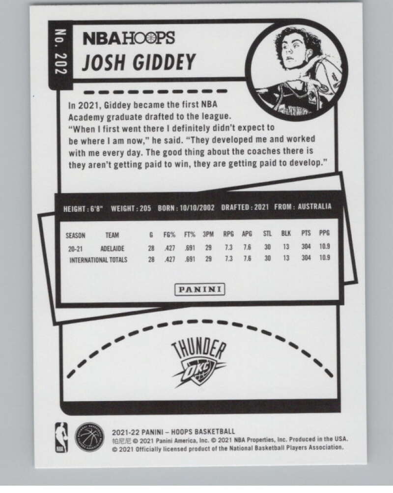 2021-22 Panini Hoops #202 Josh Giddey  RC Rookie Thunder  V101210 Image 2