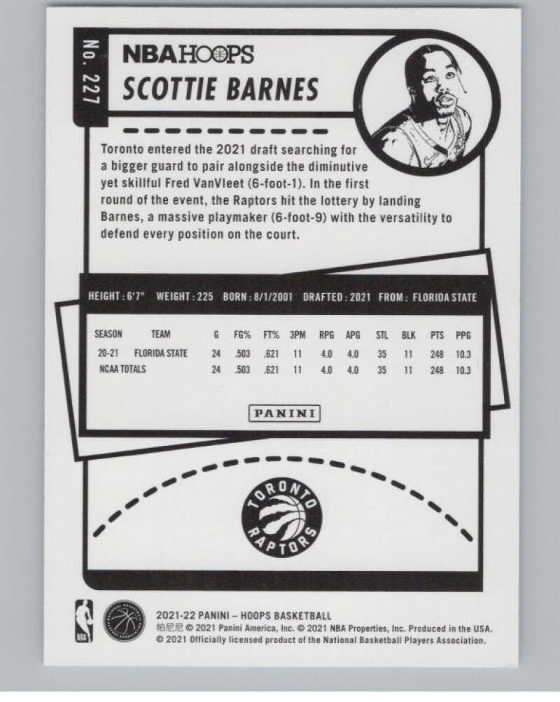 2021-22 Panini Hoops #227 Scottie Barnes  RC Rookie Toronto Raptors  V101211 Image 2
