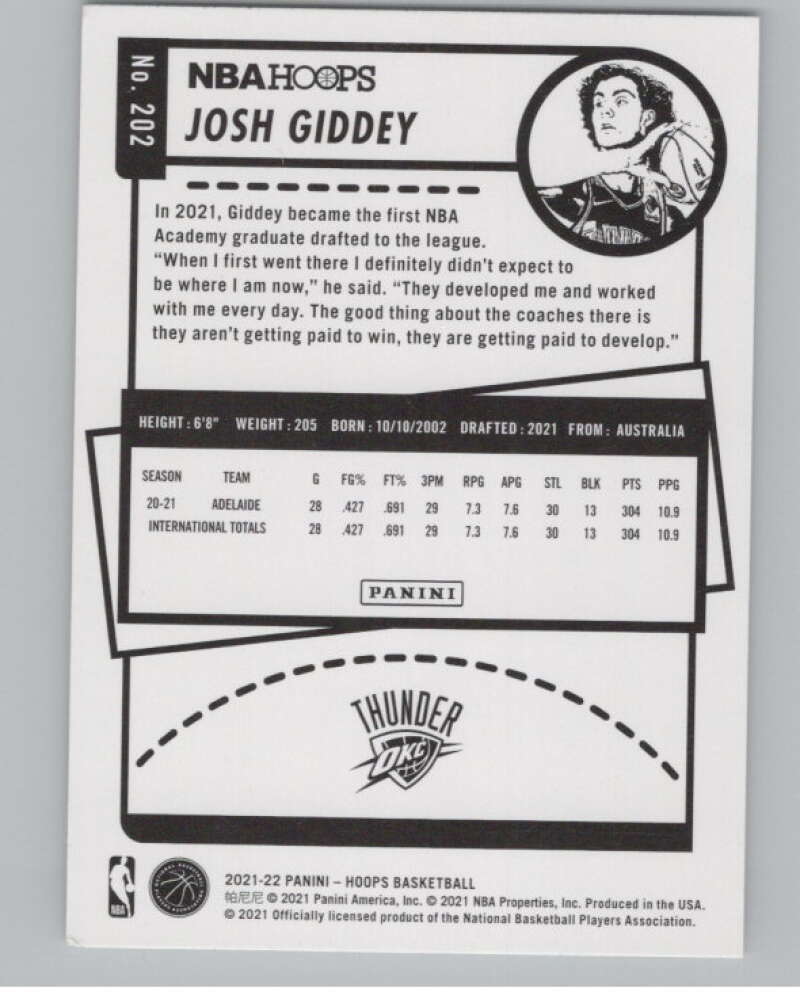 2021-22 Panini Hoops Winter #202 Josh Giddey  RC Rookie Thunder  V101213 Image 2