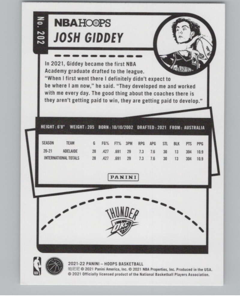 2021-22 Panini Hoops Winter #202 Josh Giddey  RC Rookie Thunder  V101214 Image 2