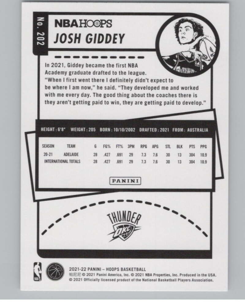 2021-22 Panini Hoops Winter #202 Josh Giddey  RC Rookie Thunder  V101215 Image 2