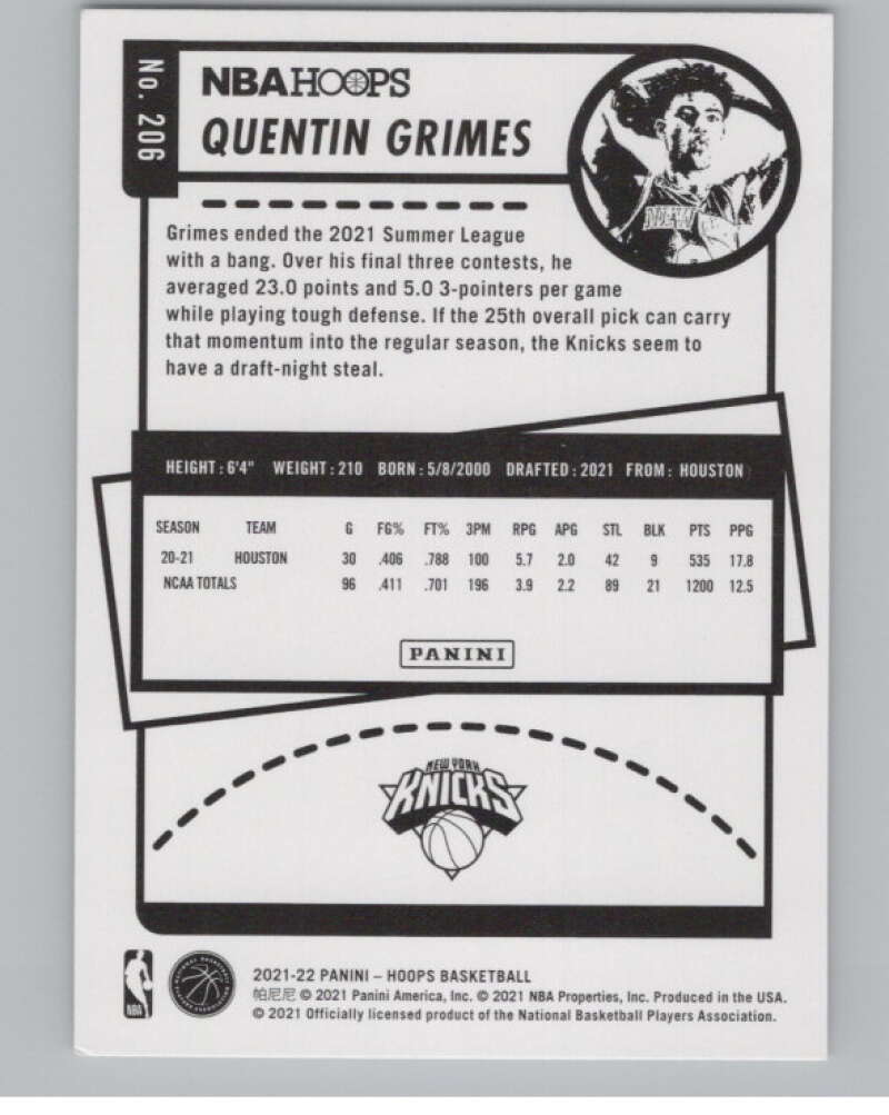 2021-22 Panini Hoops Winter #206 Quentin Grimes  RC Rookie Knicks  V101218 Image 2