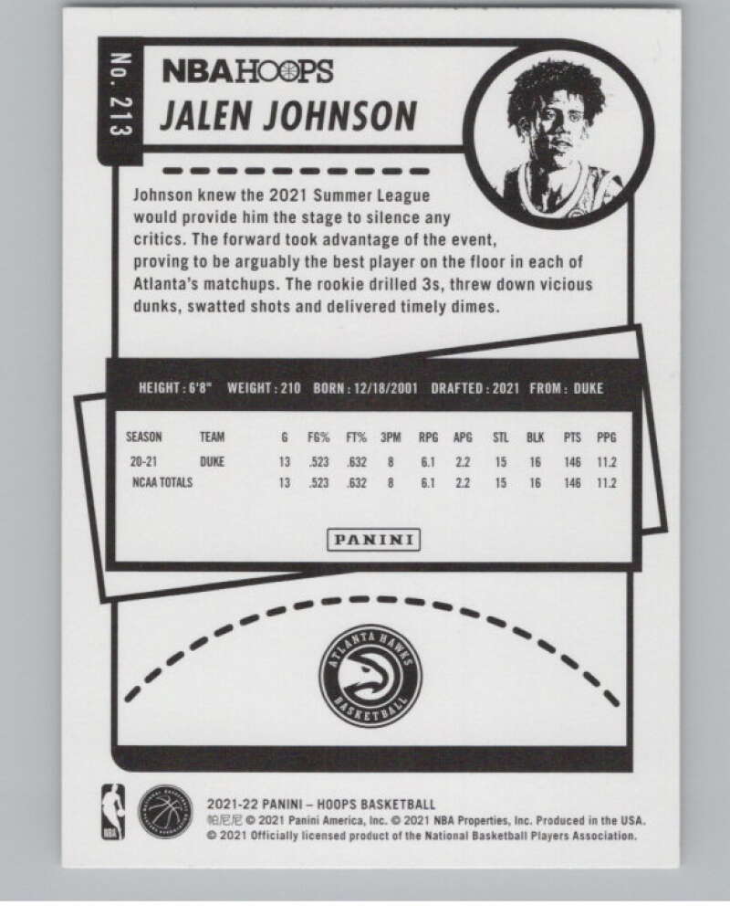 2021-22 Panini Hoops Winter #213 Jalen Johnson  RC Rookie Hawks  V101221 Image 2