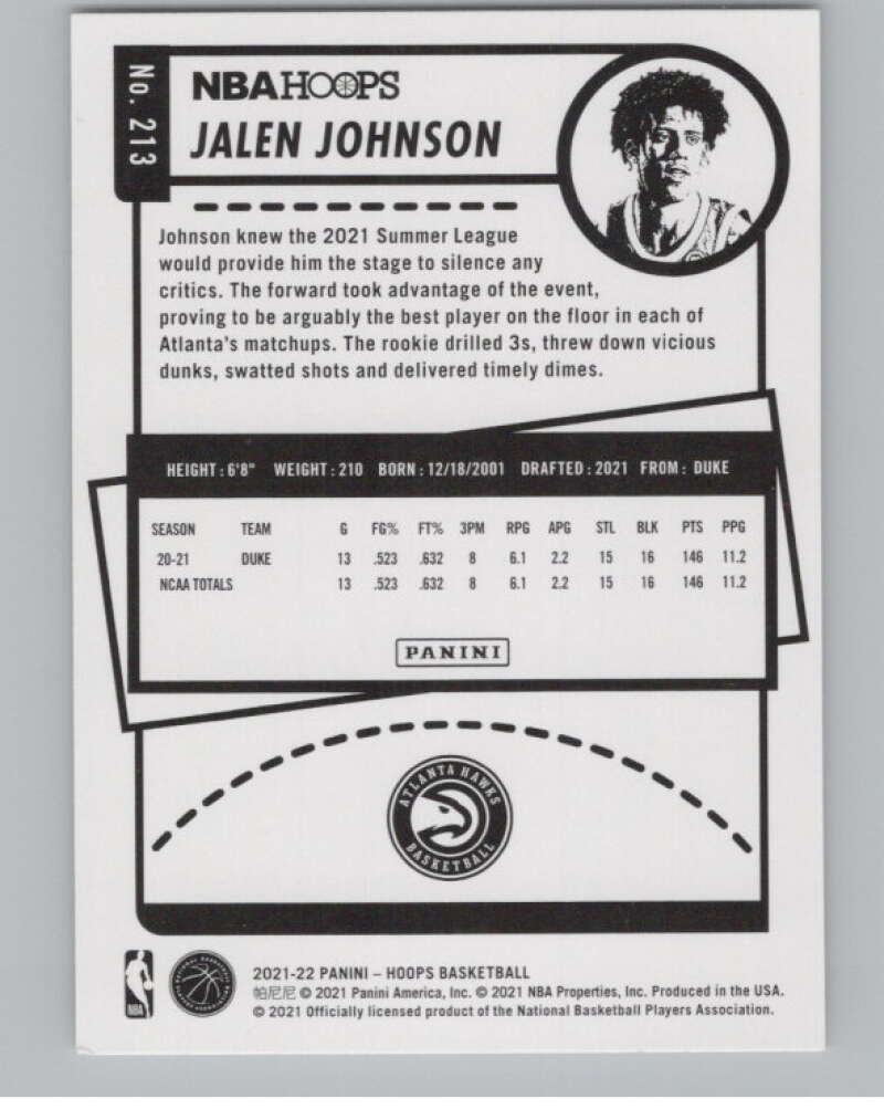 2021-22 Panini Hoops Winter #213 Jalen Johnson  RC Rookie Hawks  V101222 Image 2