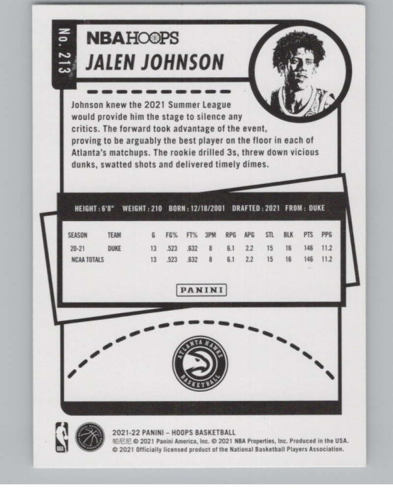 2021-22 Panini Hoops Winter #213 Jalen Johnson  RC Rookie Hawks  V101223 Image 2