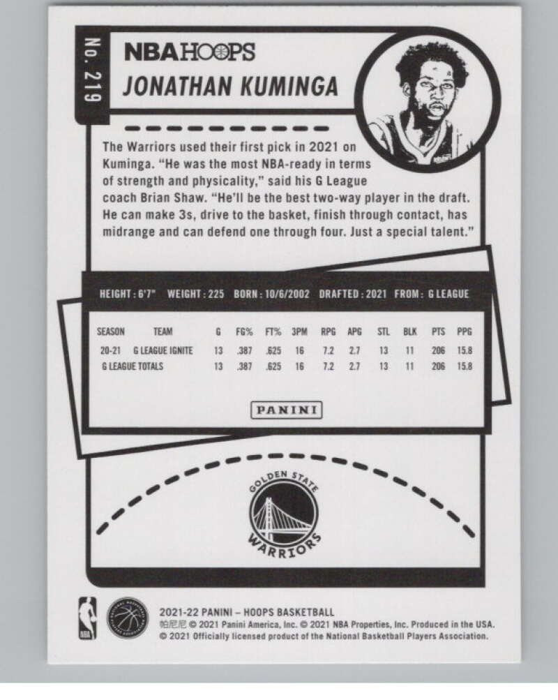 2021-22 Panini Hoops Winter #219 Jonathan Kuminga RC Rookie Warriors  V101225 Image 2