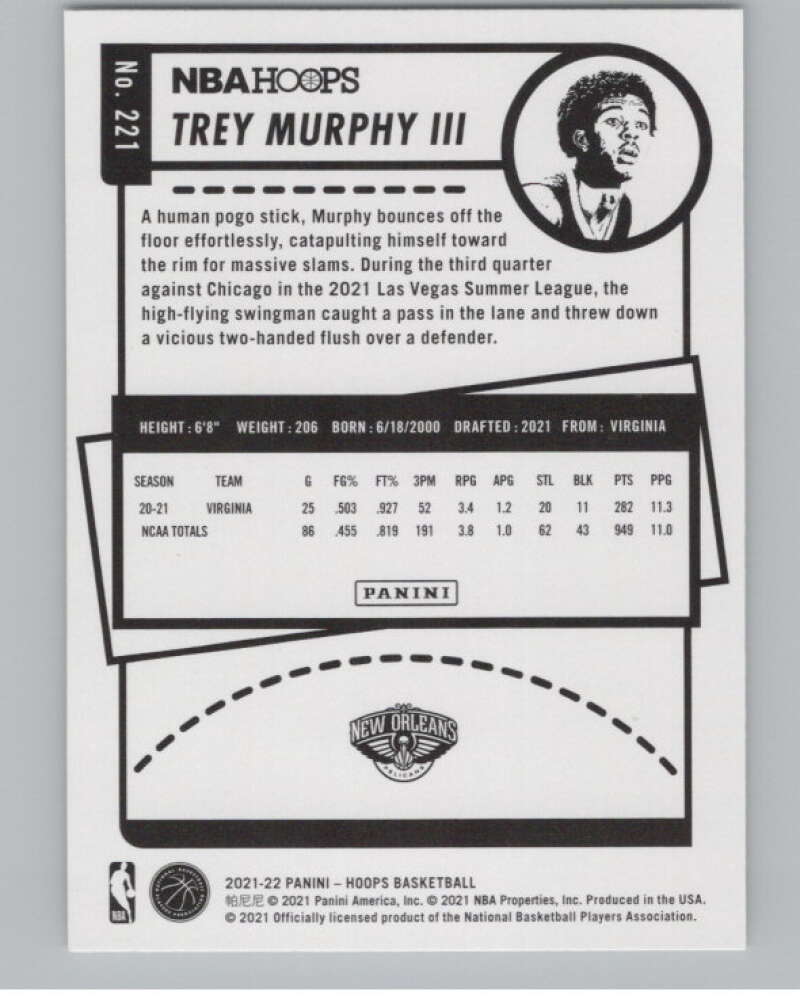 2021-22 Panini Hoops Winter #221 Trey Murphy III  RC Rookie Pelicans  V101228 Image 2