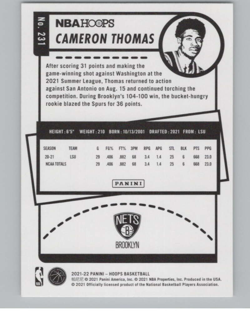 2021-22 Panini Hoops Winter #231 Cameron Thomas  RC Rookie Nets  V101231 Image 2