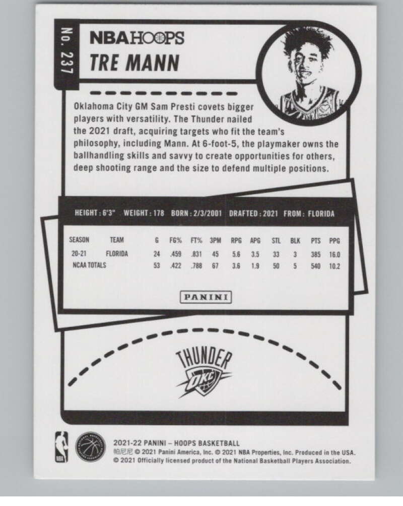 2021-22 Panini Hoops Winter #237 Tre Mann  RC Rookie Thunder  V101234 Image 2