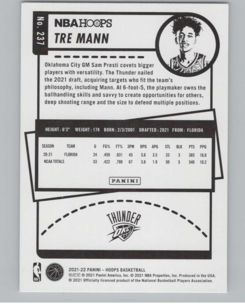 2021-22 Panini Hoops Winter #237 Tre Mann  RC Rookie Thunder  V101235 Image 2