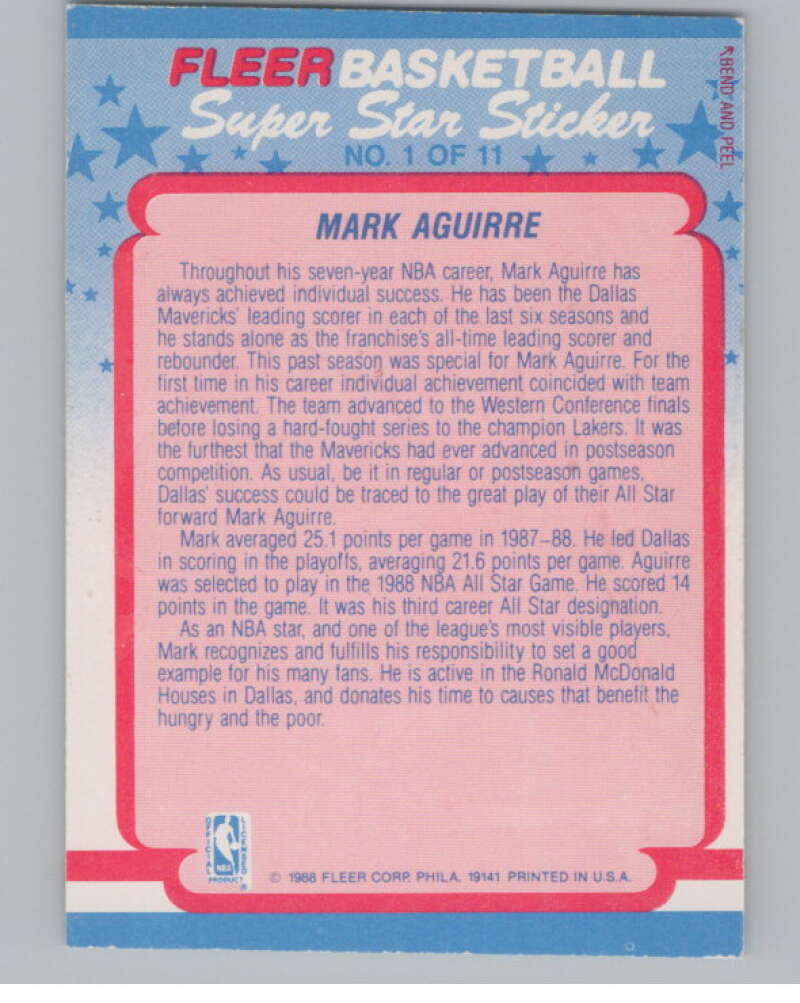 1988-89 Fleer Stickers #1 Mark Aguirre  Dallas Mavericks  V101236 Image 2