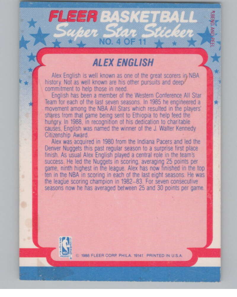1988-89 Fleer Stickers #4 Alex English  Denver Nuggets  V101237 Image 2