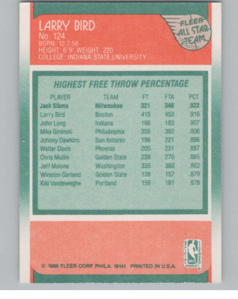 1988-89 Fleer #124 Larry Bird AS  Boston Celtics  V101238 Image 2