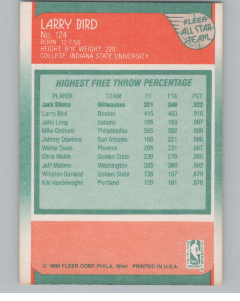 1988-89 Fleer #124 Larry Bird AS  Boston Celtics  V101239 Image 2