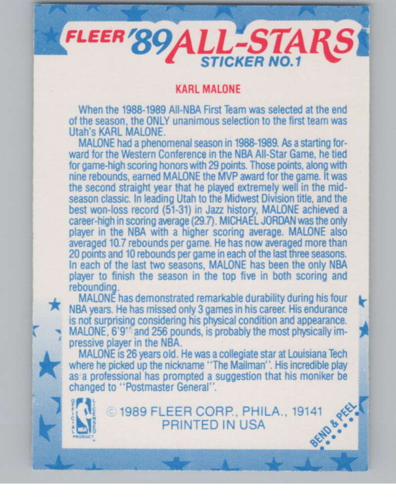 1989-90 Fleer Stickers #1 Karl Malone  Utah Jazz  V101245 Image 2