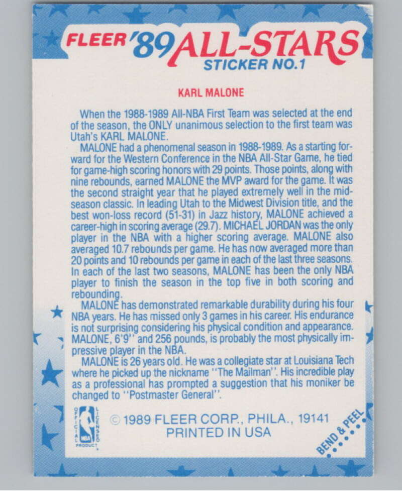 1989-90 Fleer Stickers #1 Karl Malone  Utah Jazz  V101246 Image 2