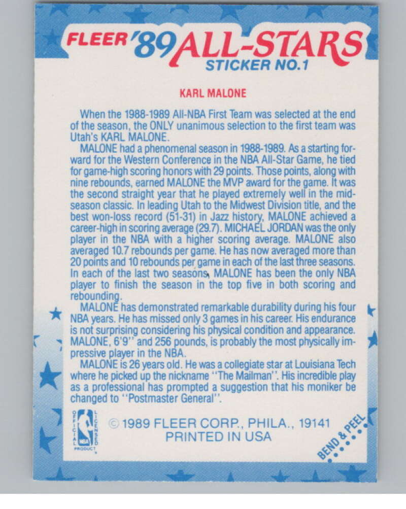 1989-90 Fleer Stickers #1 Karl Malone  Utah Jazz  V101247 Image 2