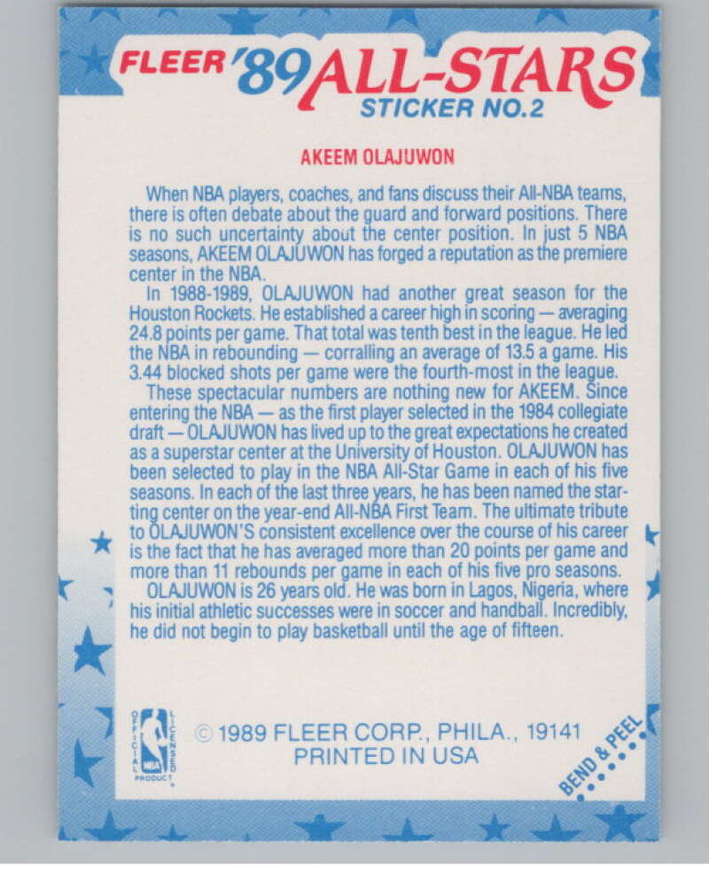 1989-90 Fleer Stickers #2 Akeem Olajuwon  Houston Rockets  V101248 Image 2