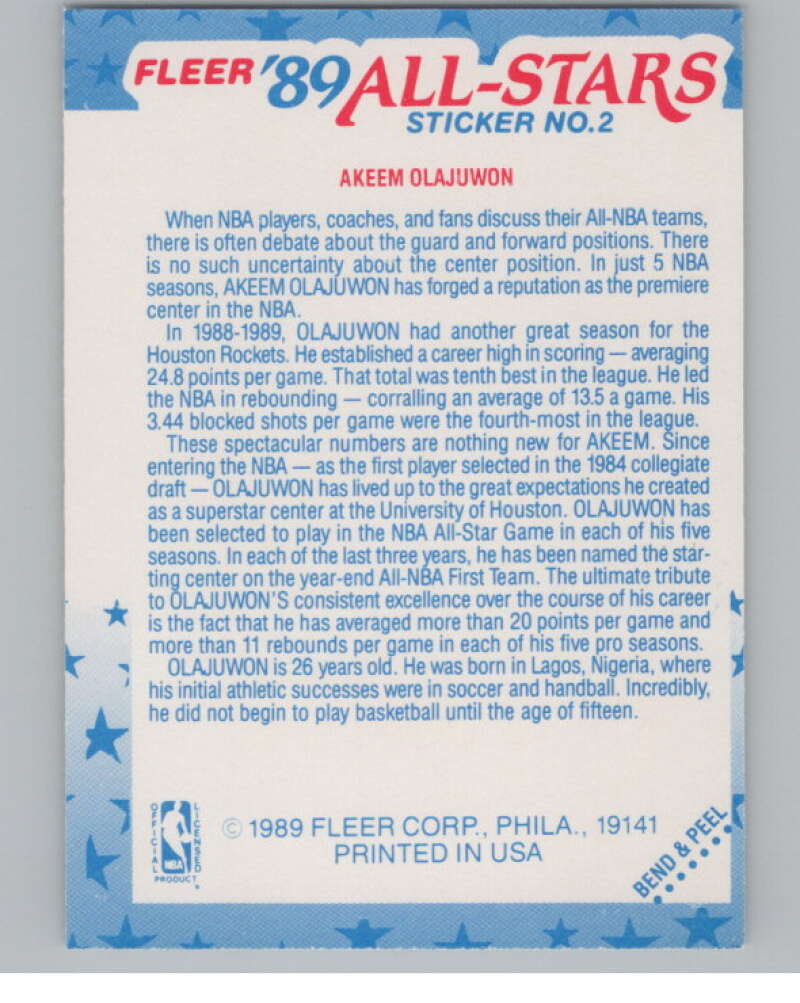 1989-90 Fleer Stickers #2 Akeem Olajuwon  Houston Rockets  V101249 Image 2