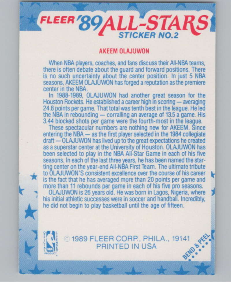 1989-90 Fleer Stickers #2 Akeem Olajuwon  Houston Rockets  V101250 Image 2