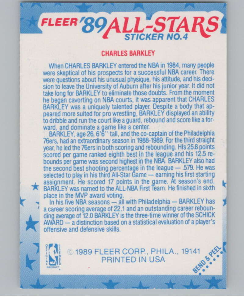 1989-90 Fleer Stickers #4 Charles Barkley  Philadelphia 76ers  V101251 Image 2