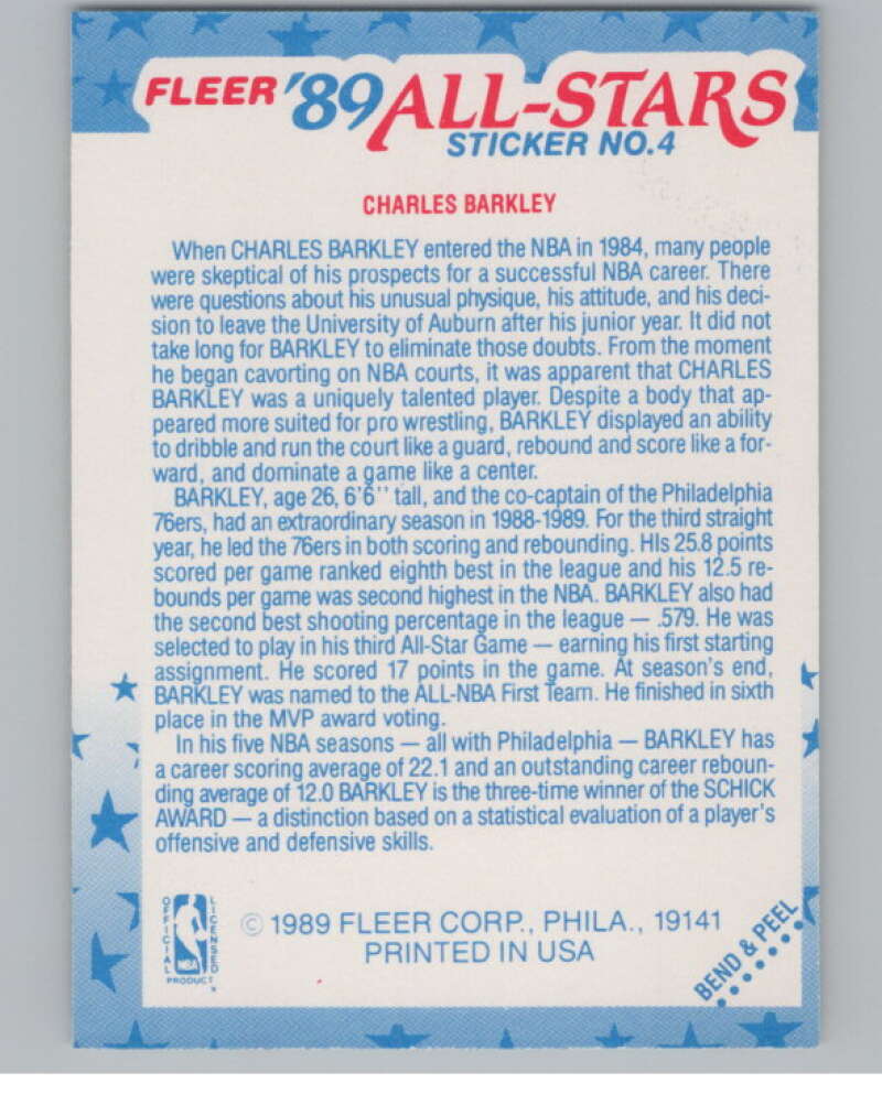 1989-90 Fleer Stickers #4 Charles Barkley  Philadelphia 76ers  V101252 Image 2