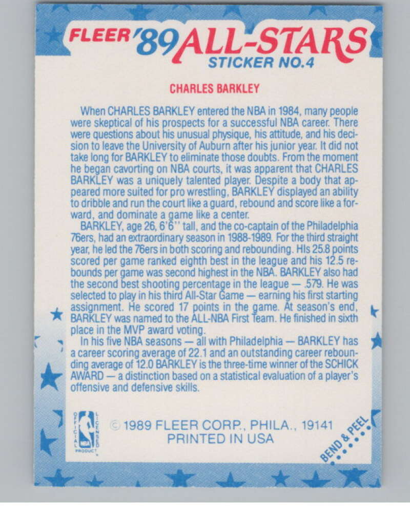 1989-90 Fleer Stickers #4 Charles Barkley  Philadelphia 76ers  V101253 Image 2