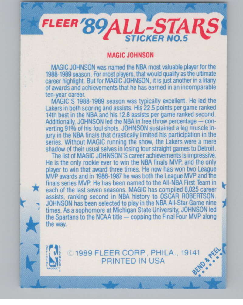 1989-90 Fleer Stickers #5 Magic Johnson  Los Angeles Lakers  V101254 Image 2