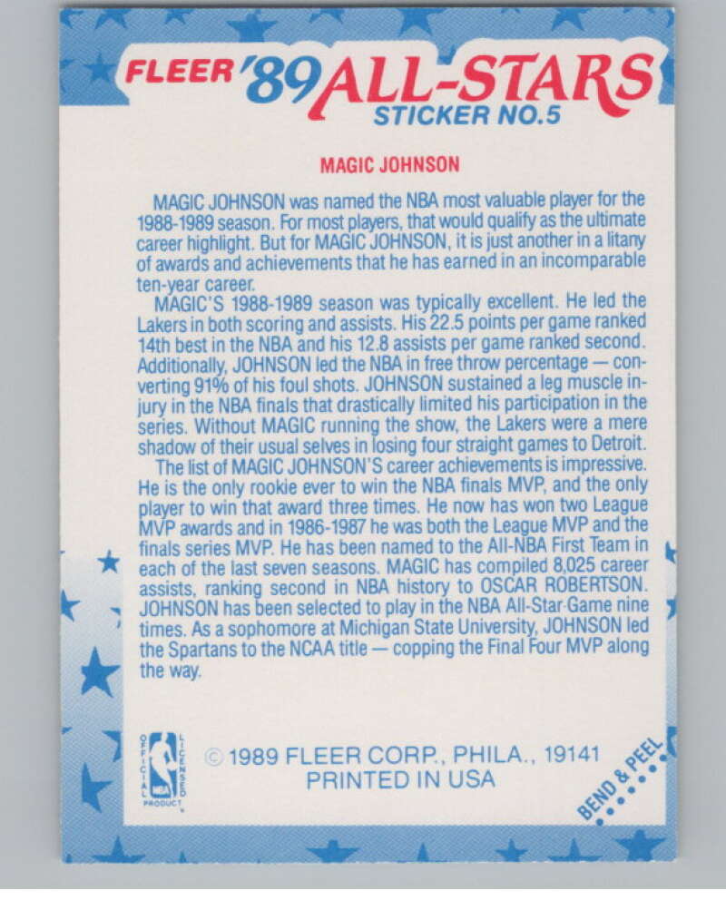 1989-90 Fleer Stickers #5 Magic Johnson  Los Angeles Lakers  V101255 Image 2