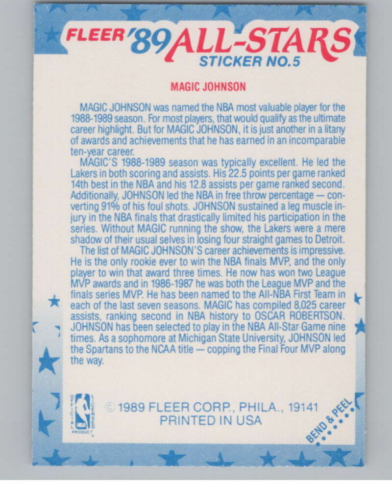 1989-90 Fleer Stickers #5 Magic Johnson  Los Angeles Lakers  V101256 Image 2