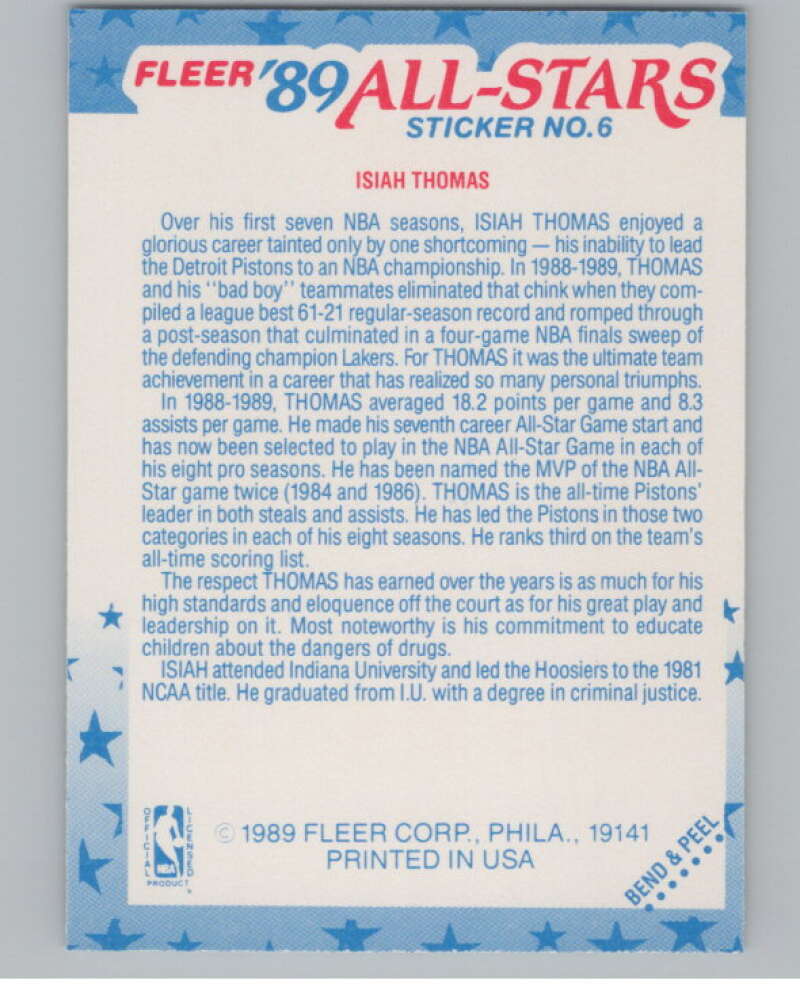 1989-90 Fleer Stickers #6 Isiah Thomas  Detroit Pistons  V101257 Image 2
