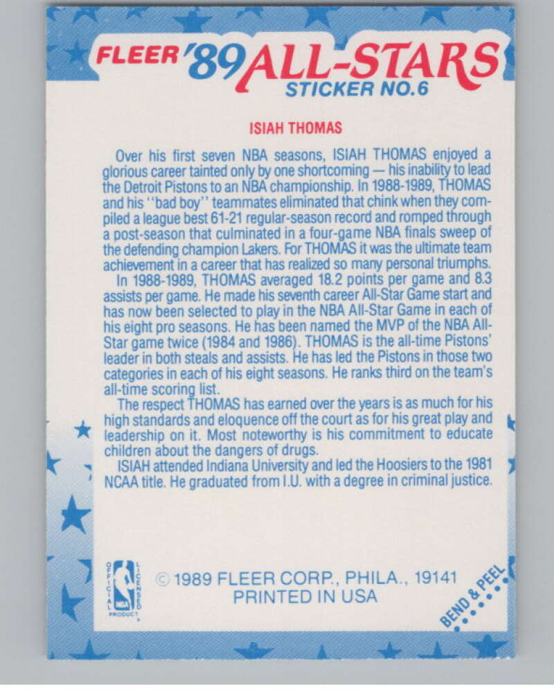 1989-90 Fleer Stickers #6 Isiah Thomas  Detroit Pistons  V101258 Image 2