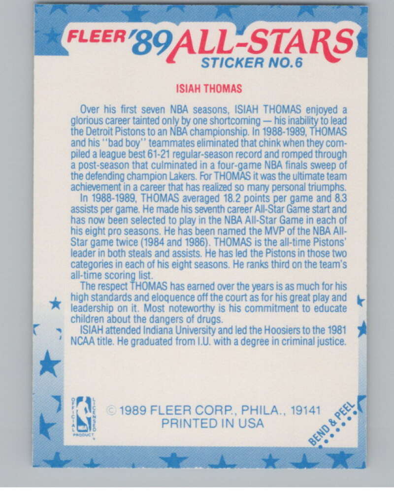 1989-90 Fleer Stickers #6 Isiah Thomas  Detroit Pistons  V101259 Image 2